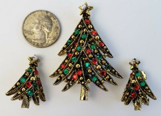 Vintage Hollycraft Christmas Tree Brooch & Earrings Demi - Parure Set 2