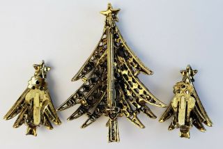 Vintage Hollycraft Christmas Tree Brooch & Earrings Demi - Parure Set 3