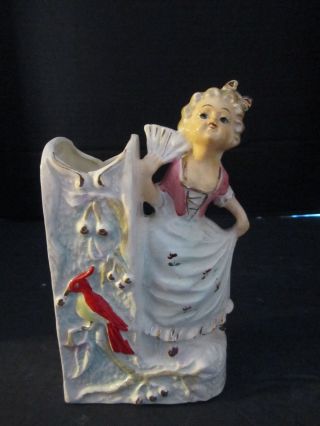 Vintage Porcelain Vase.  Victorian Woman With Fan And Cardinal Bird.  7 " Tall.
