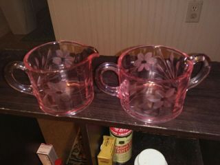 Vintage 30s Pink Depression Glass,  Jubilee Pattern,  Creamer & Sugar Set