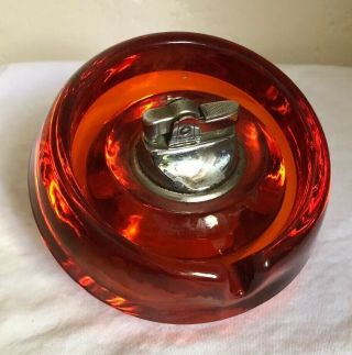 Mid Century Vintage Viking Glass Ashtray & Lighter Set Classic Orange Persimmon