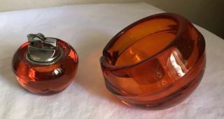 Mid Century Vintage Viking Glass Ashtray & Lighter Set Classic Orange Persimmon 6