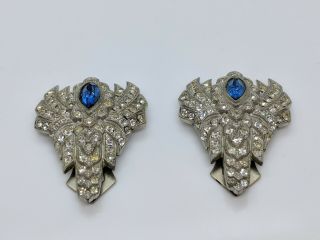 Vintage Art Deco Rhodium Plate Blue & Clear Rhinestones Shoe Clips