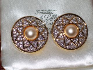 Vintage Signed Swan Logo Pearl Swarovski Crystal Round Star Clip On Earrings