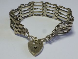 Vintage 925 Sterling Silver Charm Bar Gate Bracelet Heart Clasp 15g 6.  5 " Bg4