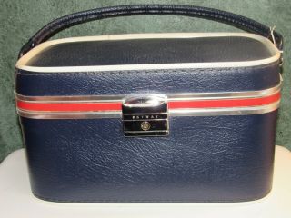 Vintage Skyway Luggage Train Case Cosmetic Red White Blue