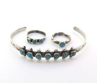 Tiny Childs Vintage Sterling Silver With Turquoise Cuff & Ring Set 5.  6 Grams