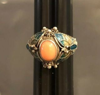 Vintage STERLING SILVER And CORAL RING Size 7 Stamped 925 J11 2