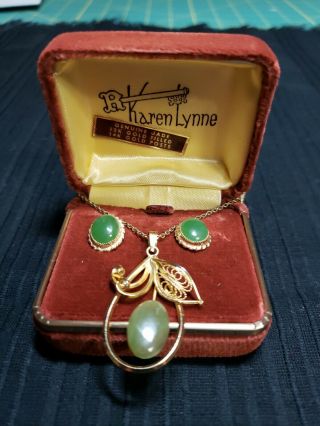 Vintage Jade Green 12K Gold Filled earring w 14k post plus jade necklace 2