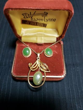 Vintage Jade Green 12K Gold Filled earring w 14k post plus jade necklace 3