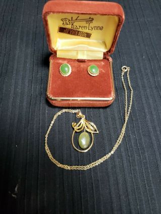 Vintage Jade Green 12K Gold Filled earring w 14k post plus jade necklace 5