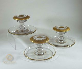 Three Elegant Vintage St Louis Glass Gilt Trim Candlesticks