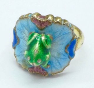 Chinese Vintage Silver Gilt And Enamel Ring - Frog On A Lily Pad