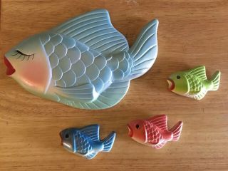 Vintage Chalk Ware Mid Century Momma Fish Baby Fish Family Bathroom Wall Plaques