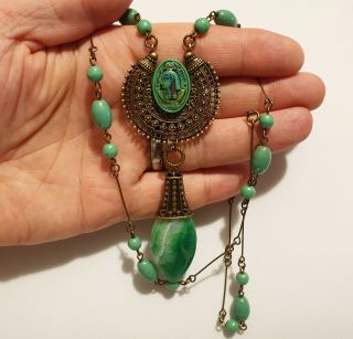 Vintage Art Deco Style Green Glass Egyptian Revival Cabochon Pendant Necklace