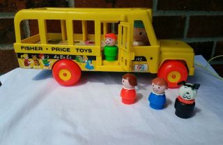 Vintage Fisher - Price Little People Wooden School Bus Pull Toy With People