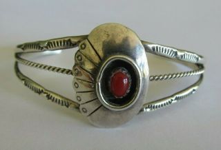 Vintage Handmade Native American Signed Sc Sterling Silver & Coral Cuff Bracelet