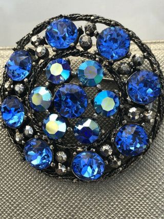 Vintage Signed Weiss Wreath Brooch Pin Blue,  Rhinestone Gem Circle Peacock Ab