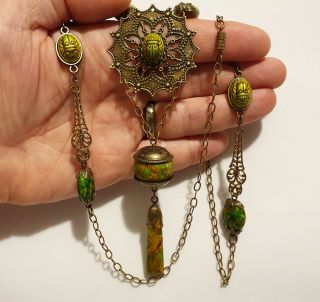 Vintage Art Deco Style Green Glass Scarab Egyptian Revival Pendant Necklace