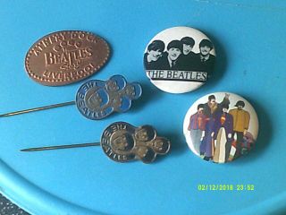 Vintage Beatles 5 Items,  2 Lapel Pins,  2 Badges And Albert Dock Liverpool Token