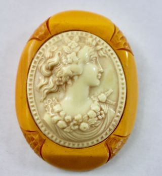 Vintage Butterscotch Bakelite And Celluloid Cameo Brooch Pin Large C.  1920 