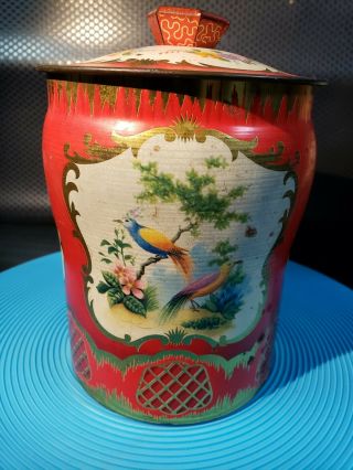 Vintage George W.  Horner & Co. ,  Ltd Red Floral Bird Tin With Lid Container