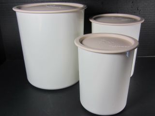 Vtg Tupperware 3 Piece Canister Set White & Almond 1 Touch Nesting Perfect Cond