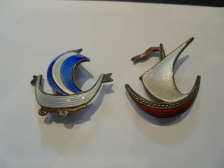 Two Vintage Norwegian Silver Enalem Ship Brooches 925s - Aksel Holmsen ?