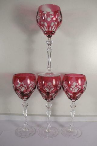 Set Of Four (4) Vintage Cranberry Cut Glass Paneled Wine Goblets 8 1/2 " High