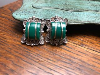 Vintage Sterling Silver And Green Onyx Screw Back Earrings
