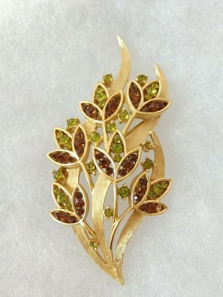 Stunning Vintage Crown Trifari Peridot & Amber Rhinestone Brooch Gold Tone Leaf