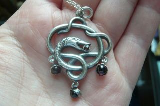 Vintage London Silver And Garnet Snake Pendant Date 1980 With Silver Chain