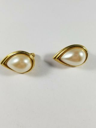 Vintage Monet Signed Faux Pearl Gold Tone Raindrop Clip On Earrings