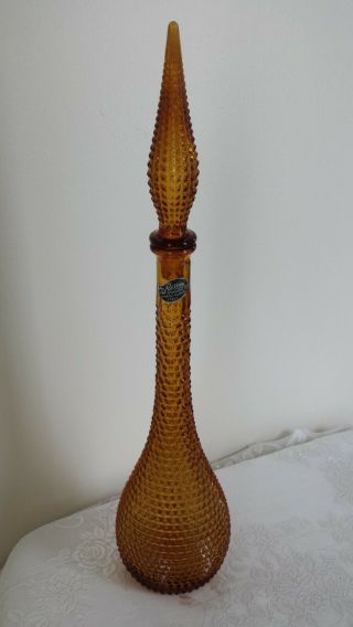 Vintage Amber Empoli Glass Decanter With Lid By Rossini - Italy W/ Sticker 22 "