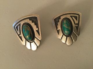 Vintage Sterling Silver Earrings Signed Emt With Turquoise - Post Back