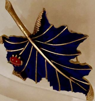 Vintage Crown Trifari Cobalt Enamel Leaf Brooch W/ Red Ladybug Signed
