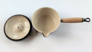 Vintage Le Creuset 14 Pot / Sauce Pan W/ Lid,  Wooden Handle,  Brown,  Cast Iron