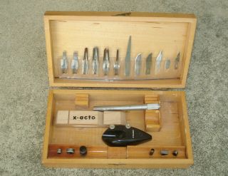 Vintage Xacto Wood Carving Tool Kit Hobby Wood Box Razor Blades Tool