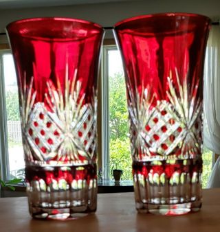Vintage Bohemian Czech Red Ruby Clear Cut Crystal Cordial Shot Glasses