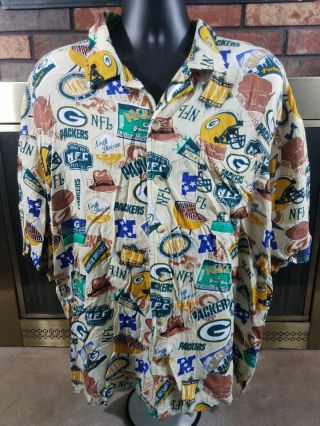Vintage Green Bay Packers Nfl Football Hawaiian Full Button Shirt Rayon Xxl Mens