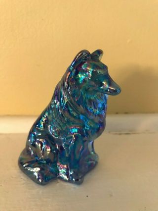 Vintage Mosser Glass Collie Dog Figurine In Blue Carnival / Iridescent