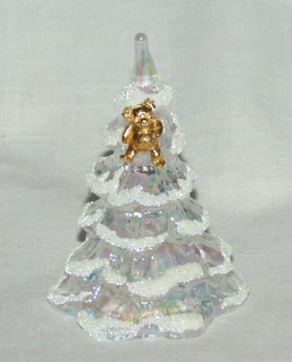 Vintage Fenton Christmas Tree 3 " Clear Iridescent W Snow Frosted W Gold Bear