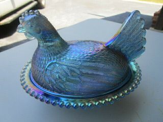 Vintage Indiana Glass Blue Carnival Glass Hen On Nest With Beaded Edge