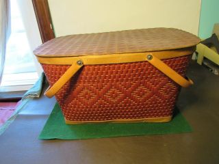 Vintage Red - Man Wicker Picnic Basket Large 18 " W/ Metal Handles