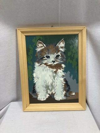 Vintage 63 Completed Paint By Number Framed Fluffy Pets Kitten Cat Craft Master