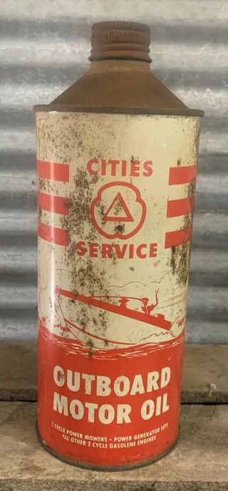 Scarce Vtg 50s 60s Cities Service Outboard Oil 32 Oz Cone Top Can Gas Station