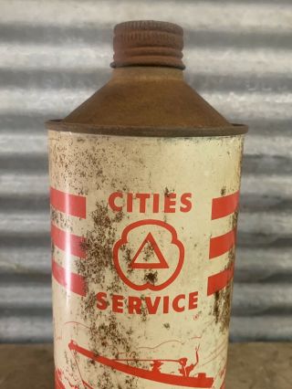 SCARCE Vtg 50s 60s Cities Service Outboard Oil 32 Oz CONE TOP Can Gas Station 2