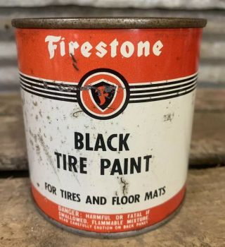 Vtg Firestone Auto Black Tire Paint 1 Pint 50s Metal Can Gas Oil Station Full