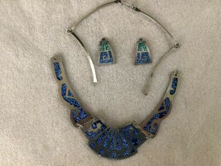 Vtg - Mexico Inlaid Turquoise Sterling Silver Necklace & Earrings -
