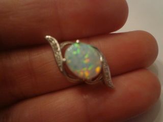 Vtg Opal Sterling Silver Pendant With Diamond Chips